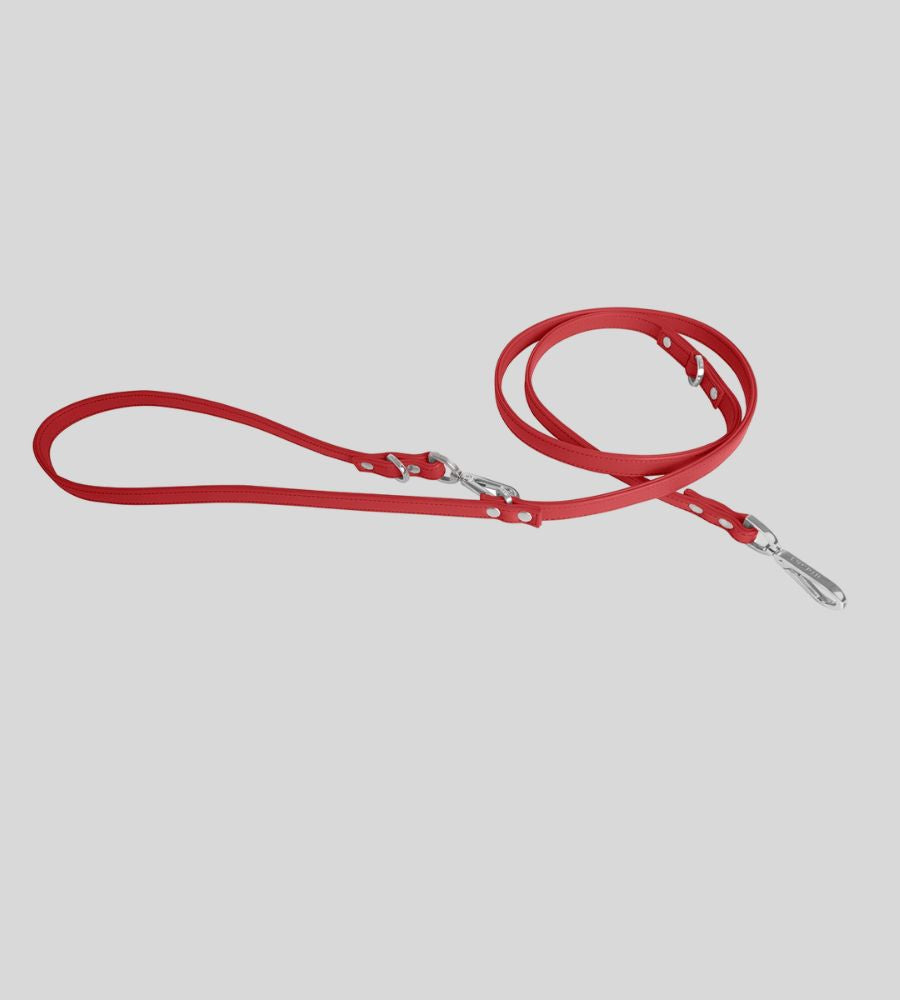 Full view red leather dog leash with loop handle
