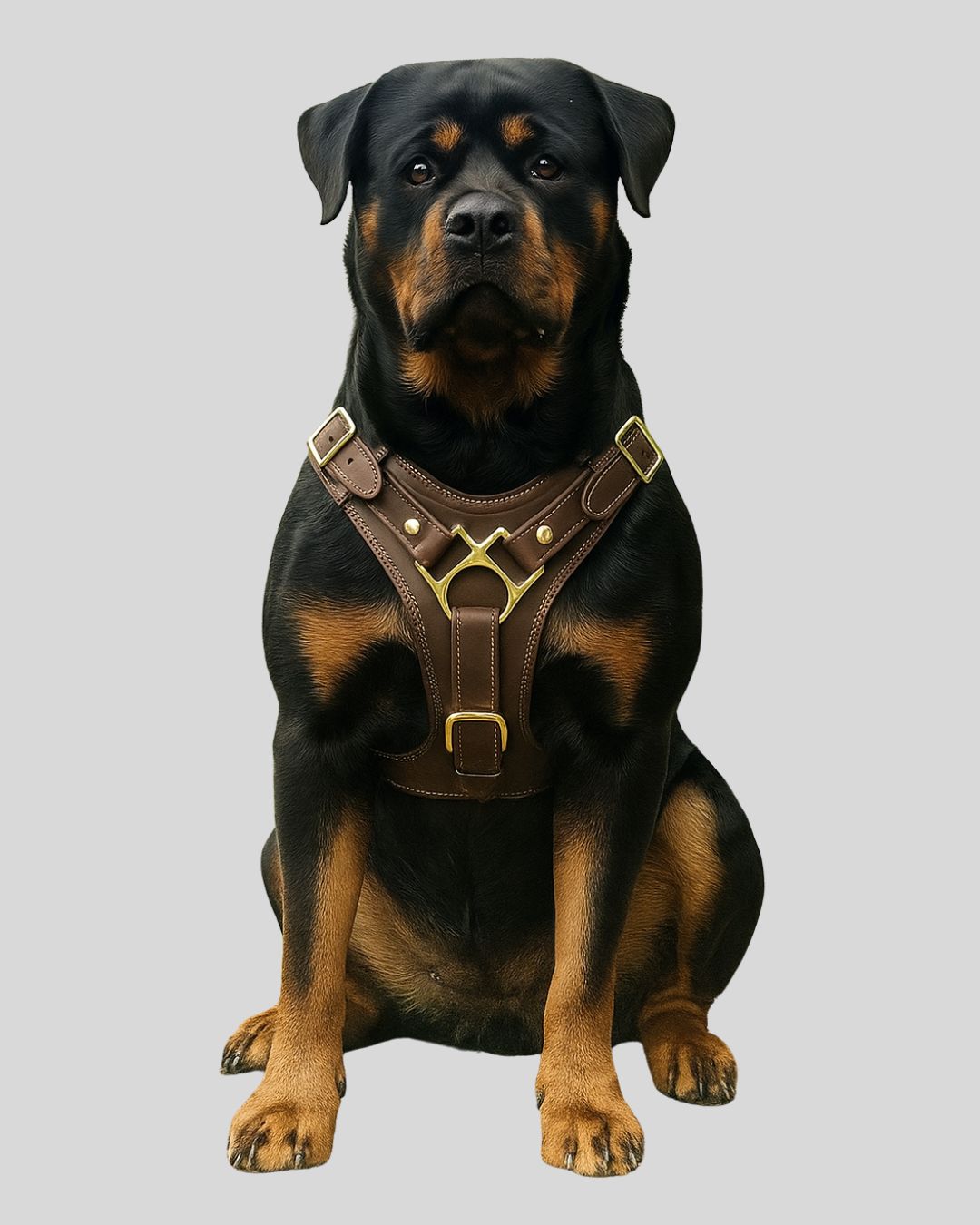 Tactical brown leather dog harness with brass centerpiece – front view


