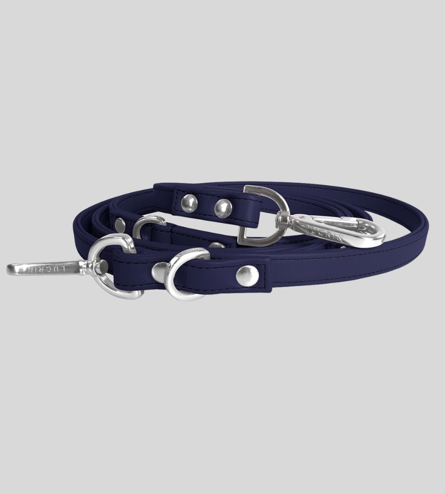 Coiled navy leather leash with silver hardware