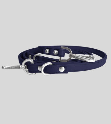 Coiled navy leather leash with silver hardware
