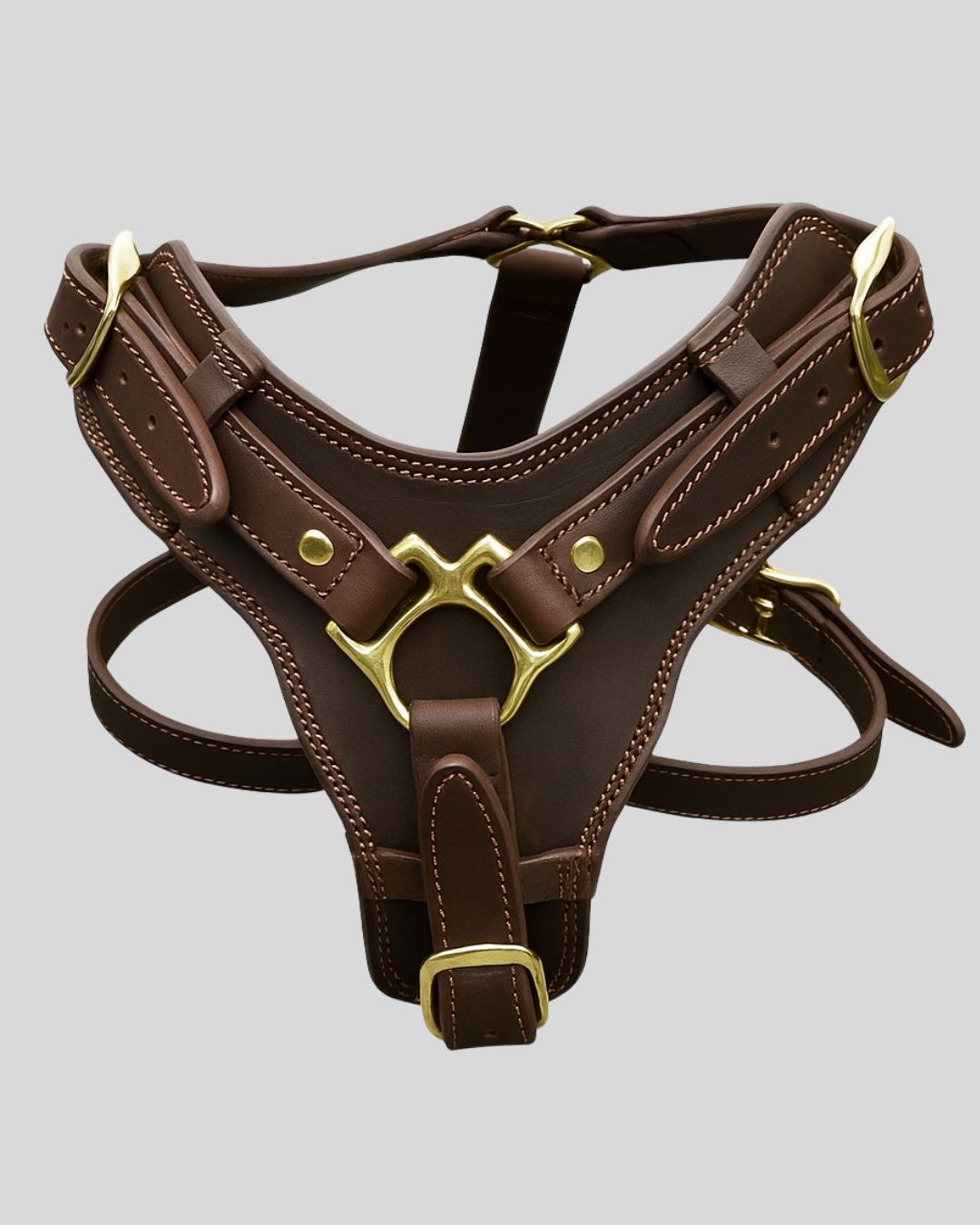 Tactical brown leather dog harness with brass centerpiece – front view

