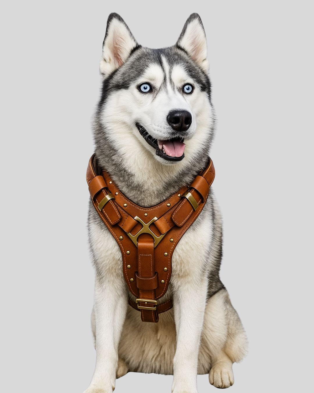 Husky wearing BlazeTrek™ tan leather harness with brass hardware