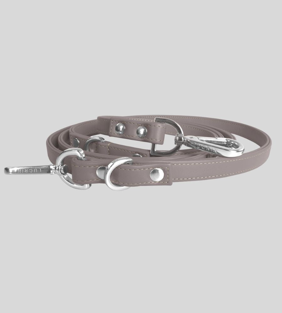 Coiled taupe leather leash with silver hardware