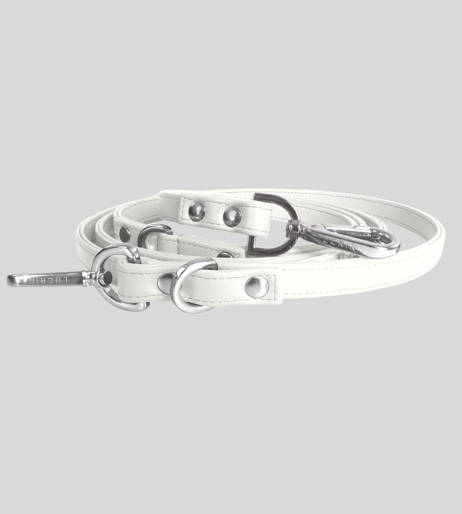 Coiled white leather dog leash with silver hardware 