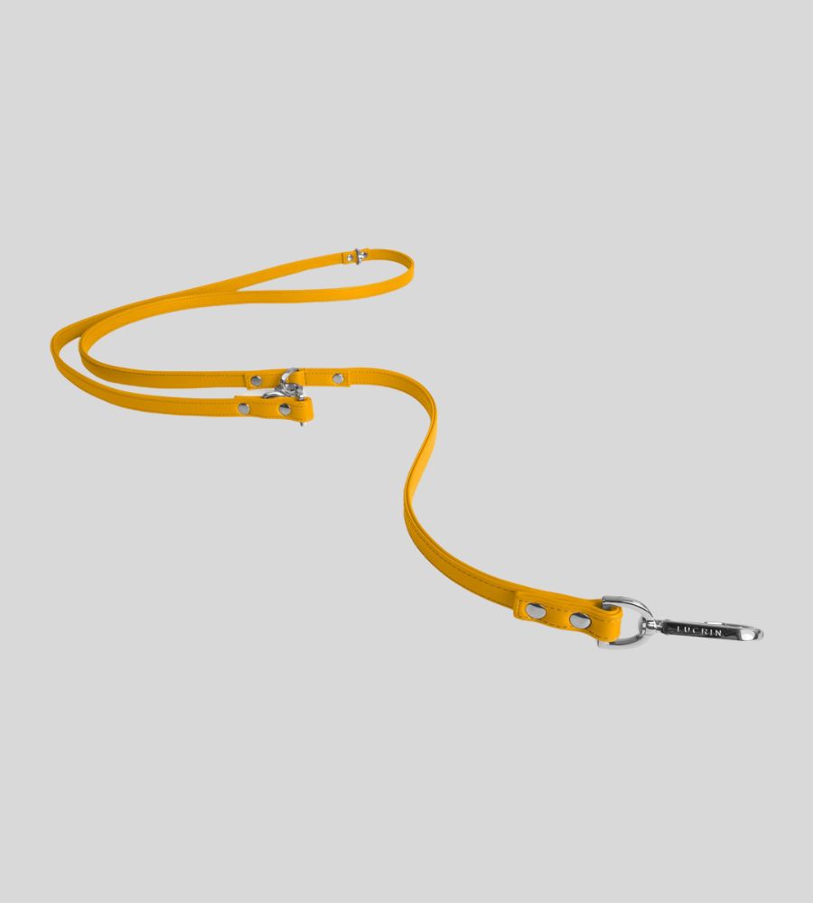 Extended sunny yellow leather leash with silver clasp and O-rings